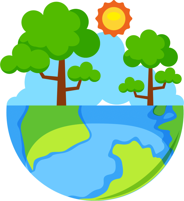 Illustration of Earth with trees and a sun shining.